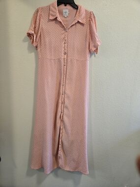 #Hatch Pink Polka Dot Button-Down Midi Dress